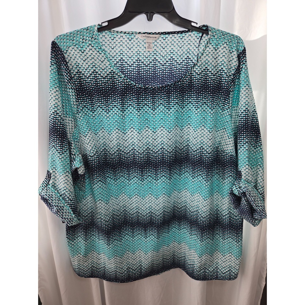 Croft & Barrow 3X Teal Navy Geometric Blouse Roll Tab Sleeve‎ Plus Size
